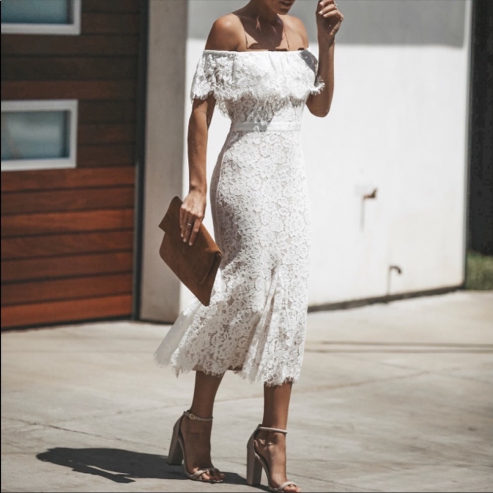 Lace off the shoulder mermaid midi dress